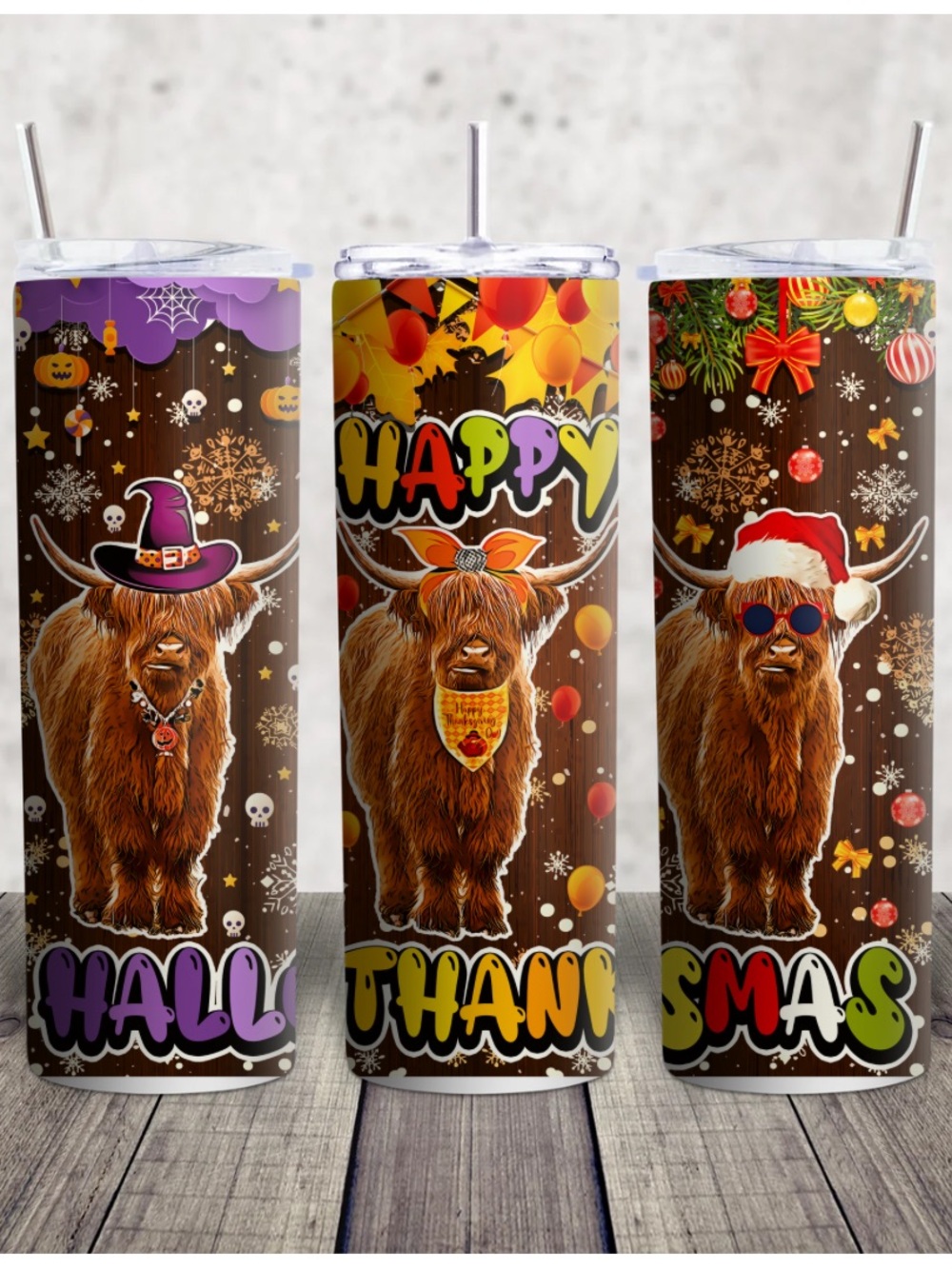 Festive Highland Cow Stainless Steel Tumbler - Brown